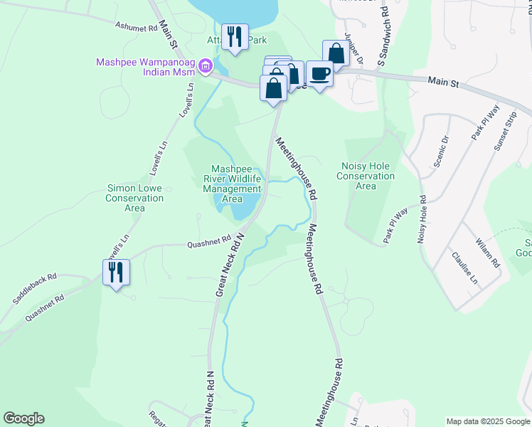 map of restaurants, bars, coffee shops, grocery stores, and more near 100 Great Neck Road North in Mashpee