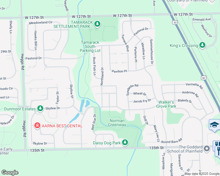 map of restaurants, bars, coffee shops, grocery stores, and more near 25457 Cinnamon Circle in Plainfield