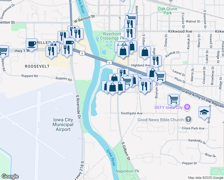 map of restaurants, bars, coffee shops, grocery stores, and more near 150 Stevens Drive in Iowa City