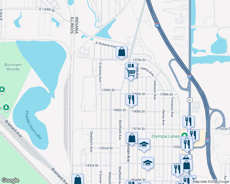 map of restaurants, bars, coffee shops, grocery stores, and more near 244 East 139th Street in Hammond