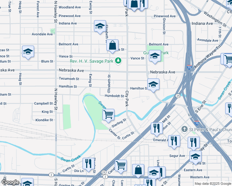 map of restaurants, bars, coffee shops, grocery stores, and more near 642 Humboldt Street in Toledo