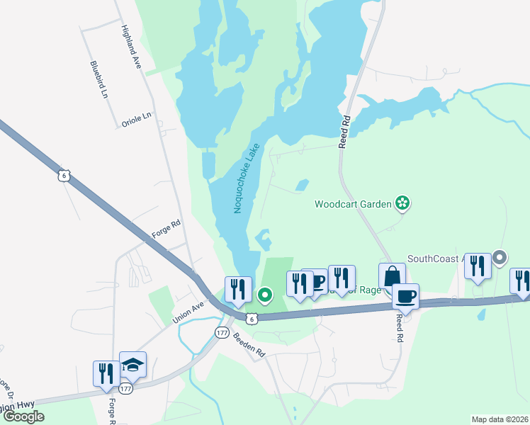 map of restaurants, bars, coffee shops, grocery stores, and more near 50 Lakewood Road in Dartmouth