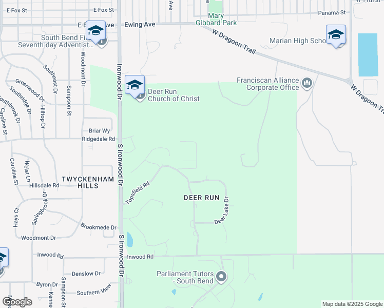 map of restaurants, bars, coffee shops, grocery stores, and more near 2580 Topsfield Road in South Bend