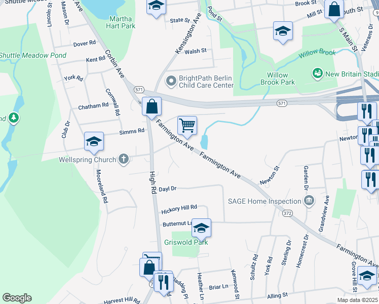 map of restaurants, bars, coffee shops, grocery stores, and more near 208 Farmington Avenue in Berlin