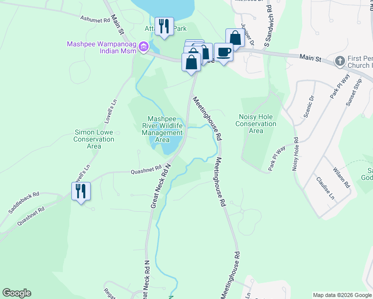 map of restaurants, bars, coffee shops, grocery stores, and more near 100 Great Neck Road North in Mashpee
