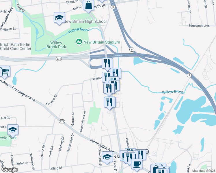 map of restaurants, bars, coffee shops, grocery stores, and more near 202 New Britain Road in Berlin