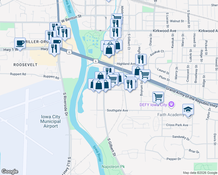 map of restaurants, bars, coffee shops, grocery stores, and more near 204 Stevens Drive in Iowa City