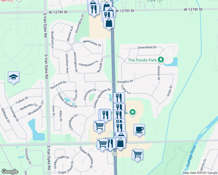 map of restaurants, bars, coffee shops, grocery stores, and more near 13146 Golden Meadow Drive in Plainfield