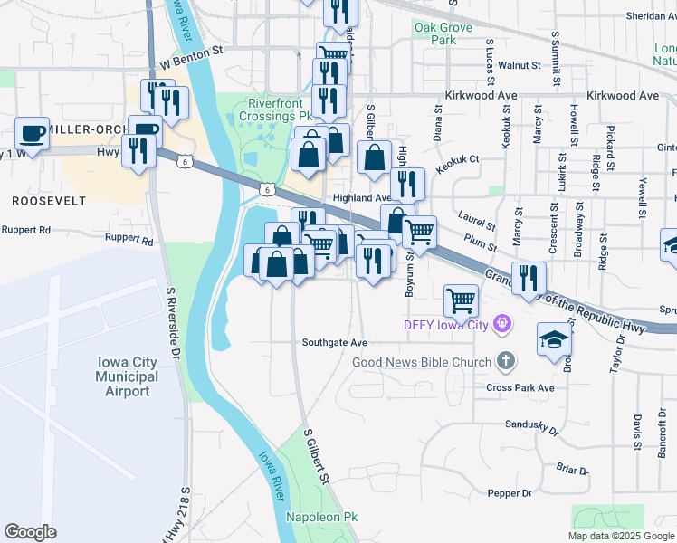 map of restaurants, bars, coffee shops, grocery stores, and more near 260 Stevens Drive in Iowa City