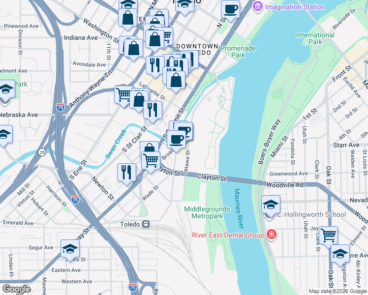 map of restaurants, bars, coffee shops, grocery stores, and more near 27 Broadway Street in Toledo