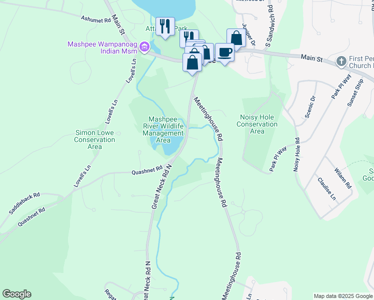 map of restaurants, bars, coffee shops, grocery stores, and more near 100 Great Neck Road North in Mashpee