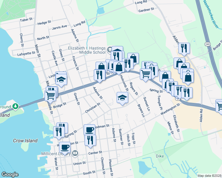 map of restaurants, bars, coffee shops, grocery stores, and more near 7 Almy Street in Fairhaven