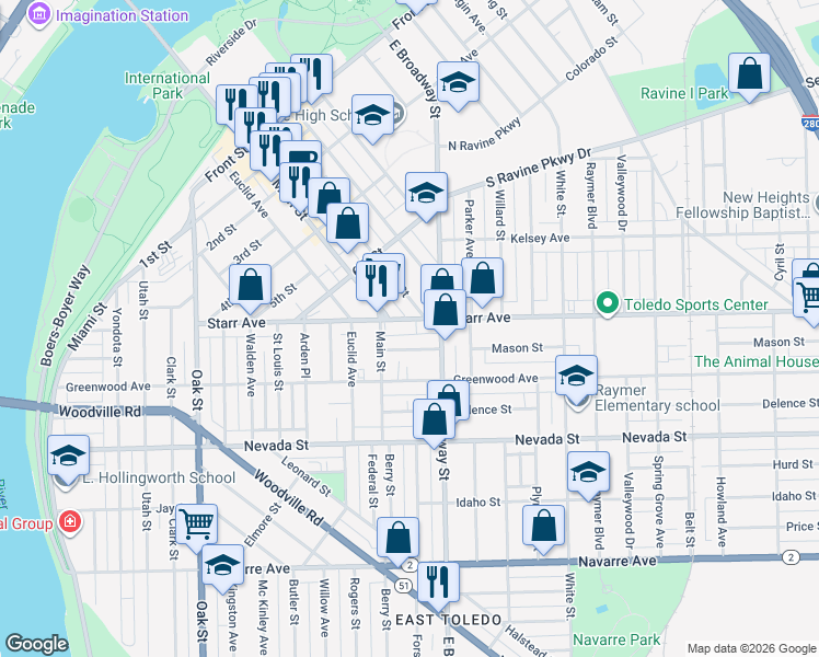 map of restaurants, bars, coffee shops, grocery stores, and more near 822 Starr Avenue in Toledo