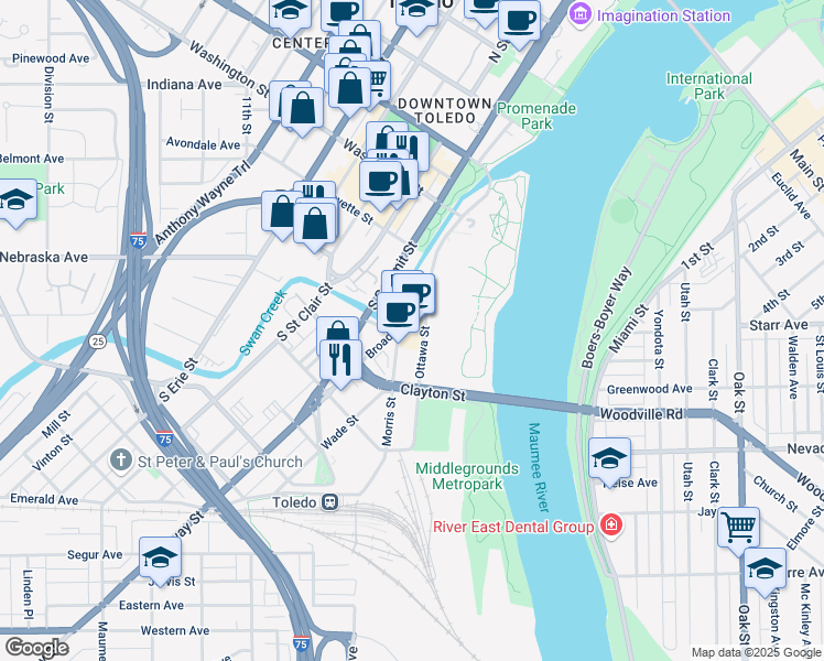map of restaurants, bars, coffee shops, grocery stores, and more near 200-398 Ottawa St in Toledo