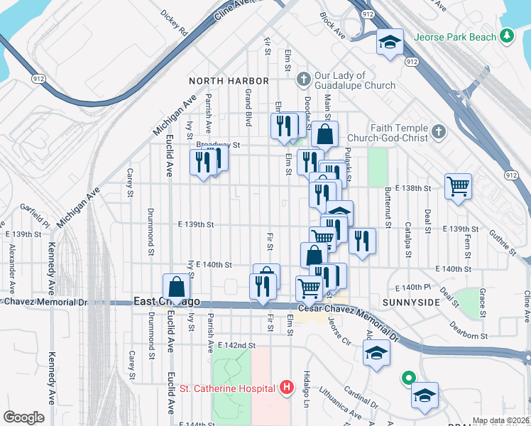 map of restaurants, bars, coffee shops, grocery stores, and more near 3827 Fir Street in East Chicago