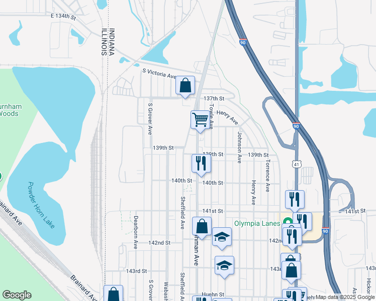 map of restaurants, bars, coffee shops, grocery stores, and more near 401-429 139th Street in Hammond