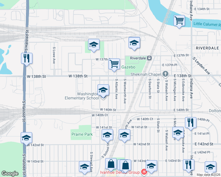 map of restaurants, bars, coffee shops, grocery stores, and more near 13844 South Atlantic Avenue in Riverdale