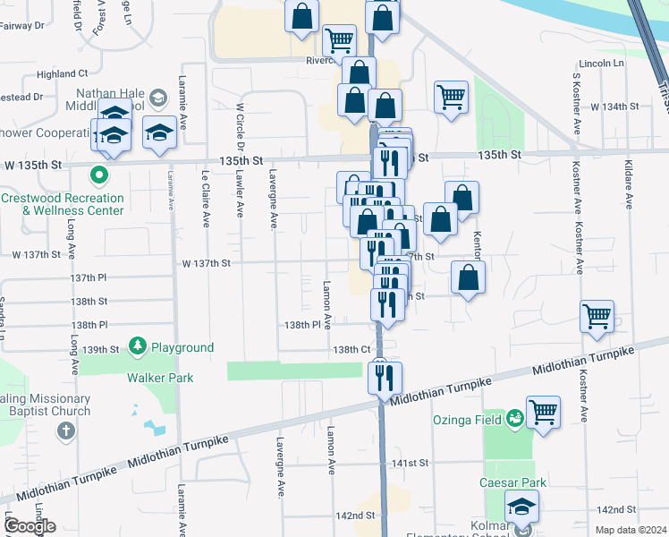 map of restaurants, bars, coffee shops, grocery stores, and more near 4845 West 137th Street in Crestwood