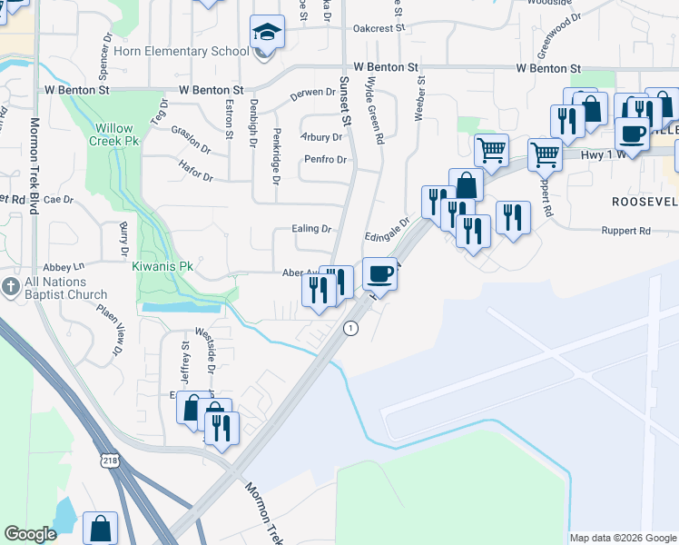 map of restaurants, bars, coffee shops, grocery stores, and more near 1304 Sunset Street in Iowa City