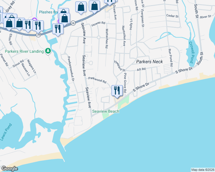 map of restaurants, bars, coffee shops, grocery stores, and more near 14 Southwest Drive in Yarmouth