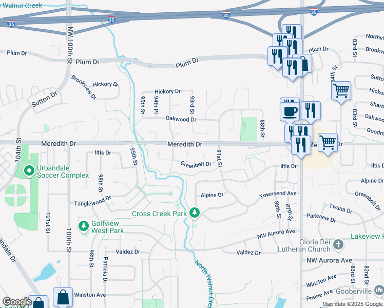 map of restaurants, bars, coffee shops, grocery stores, and more near 4509 93rd Street in Urbandale