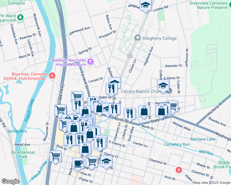 map of restaurants, bars, coffee shops, grocery stores, and more near 725 North Main Street in Meadville