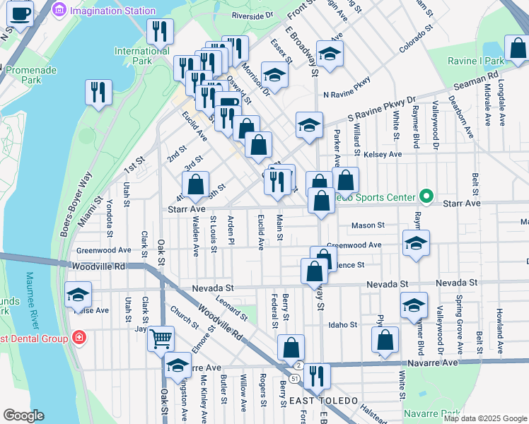 map of restaurants, bars, coffee shops, grocery stores, and more near 714 Main Street in Toledo