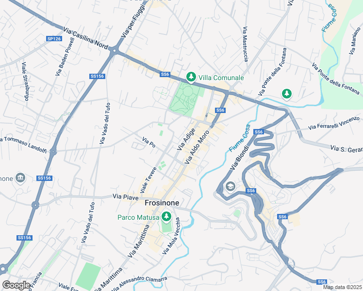 map of restaurants, bars, coffee shops, grocery stores, and more near 30 Via Adige in Frosinone