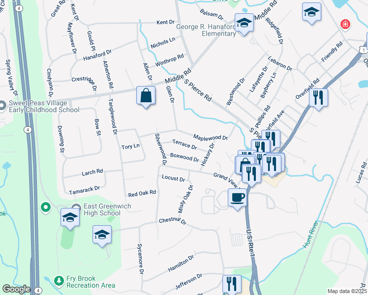 map of restaurants, bars, coffee shops, grocery stores, and more near 34 Terrace Drive in East Greenwich