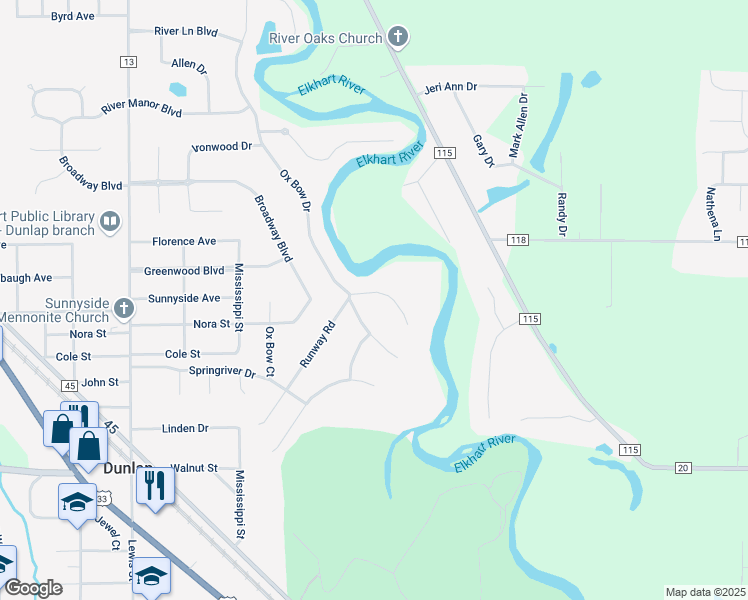map of restaurants, bars, coffee shops, grocery stores, and more near 58681 Fawn River Court in Elkhart