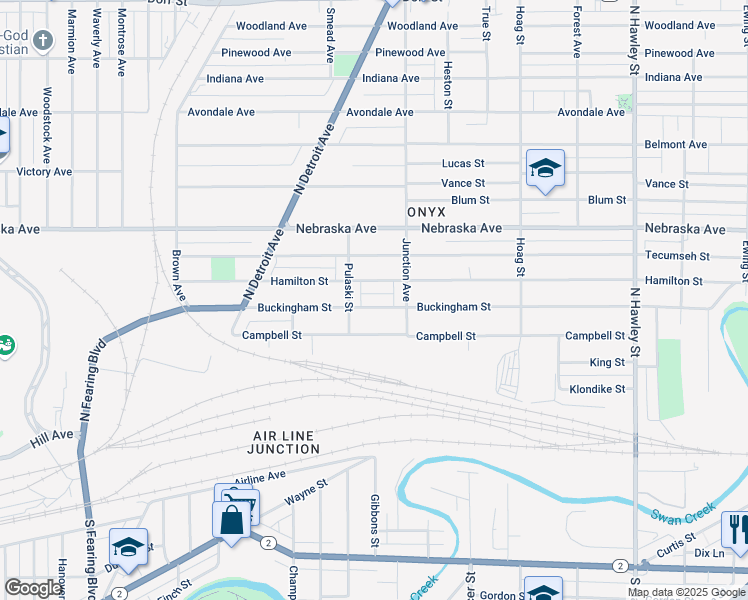 map of restaurants, bars, coffee shops, grocery stores, and more near 1436 Buckingham Street in Toledo