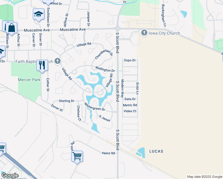 map of restaurants, bars, coffee shops, grocery stores, and more near 1628 Baldwin Lane in Iowa City