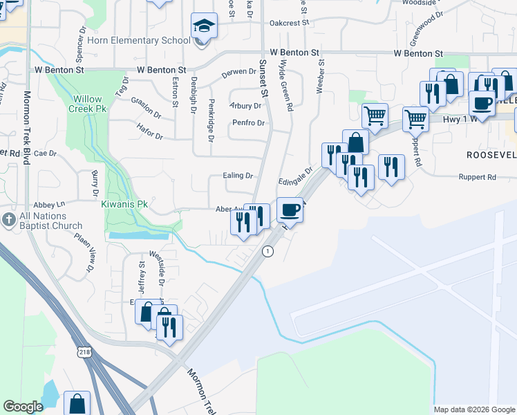map of restaurants, bars, coffee shops, grocery stores, and more near 1304 Sunset Street in Iowa City