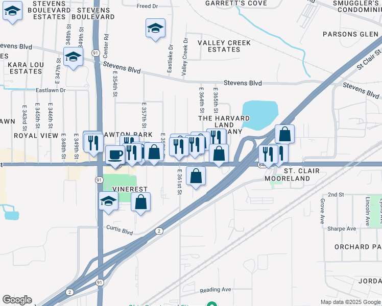 map of restaurants, bars, coffee shops, grocery stores, and more near 1359 East 362nd Street in Eastlake