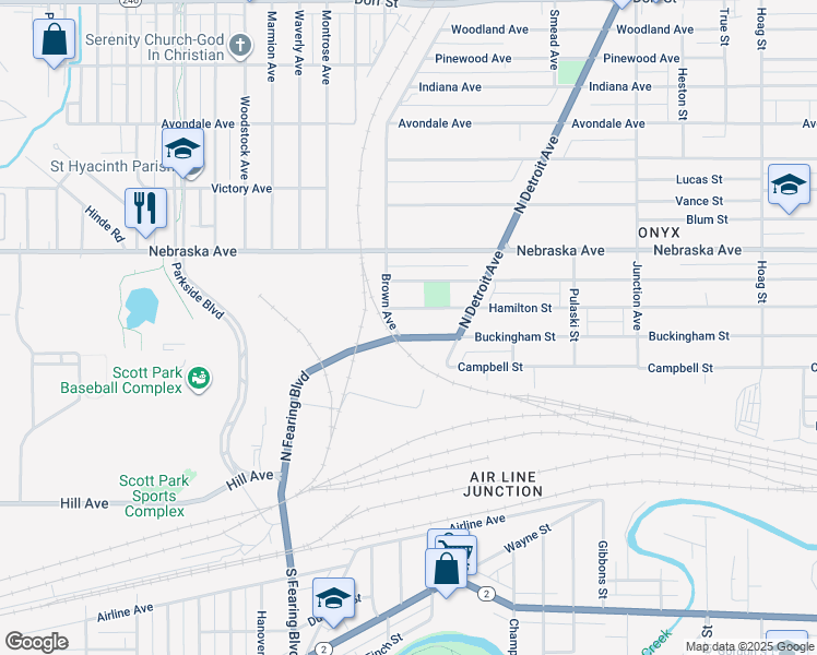 map of restaurants, bars, coffee shops, grocery stores, and more near 1780 Buckingham Street in Toledo