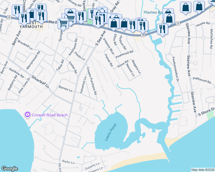 map of restaurants, bars, coffee shops, grocery stores, and more near 71 Nearmeadows Road in Yarmouth