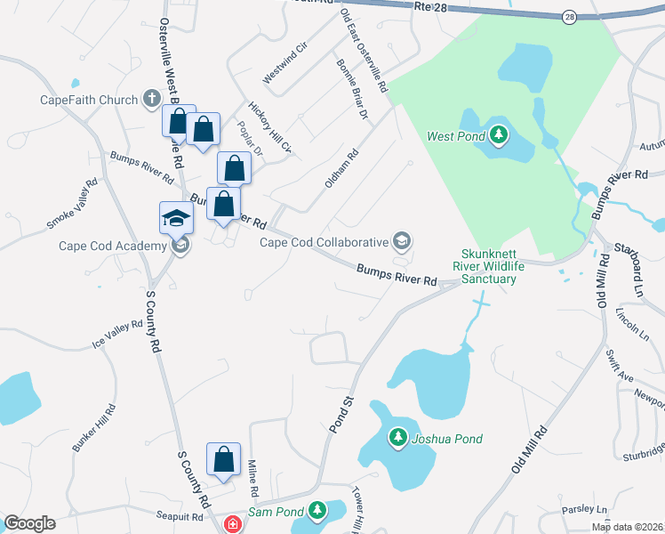 map of restaurants, bars, coffee shops, grocery stores, and more near 345 Bumps River Road in Barnstable