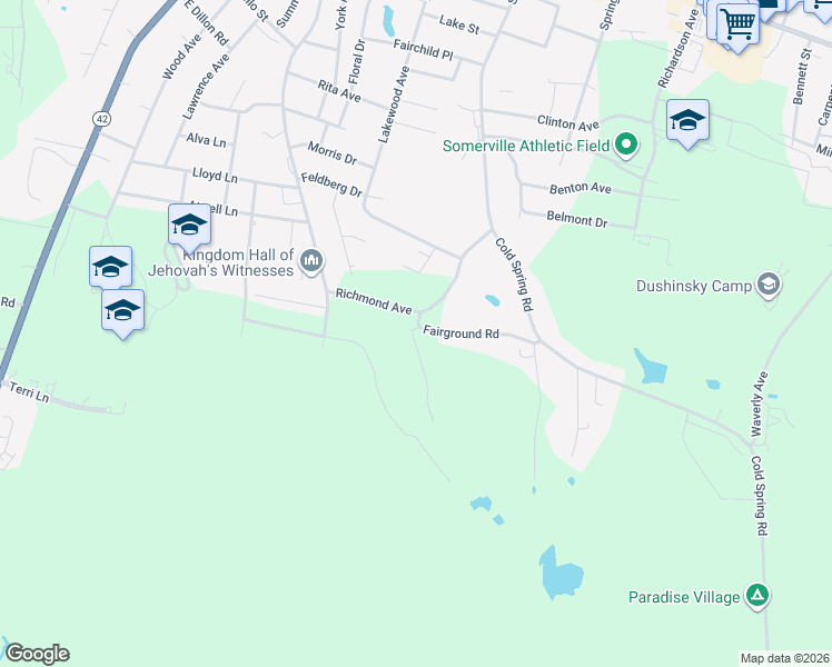 map of restaurants, bars, coffee shops, grocery stores, and more near 56 Fairground Road in Monticello