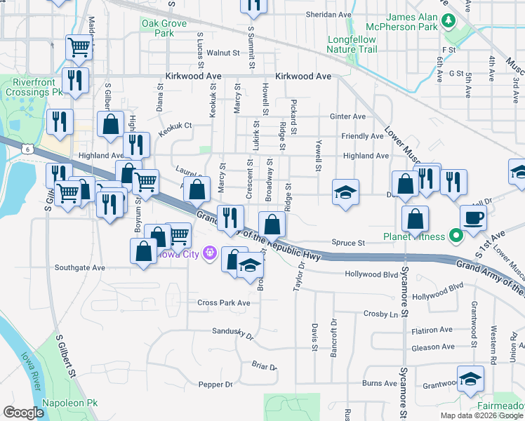 map of restaurants, bars, coffee shops, grocery stores, and more near 1622 Crescent Street in Iowa City