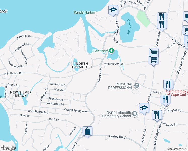 map of restaurants, bars, coffee shops, grocery stores, and more near 716 Quaker Road in Falmouth