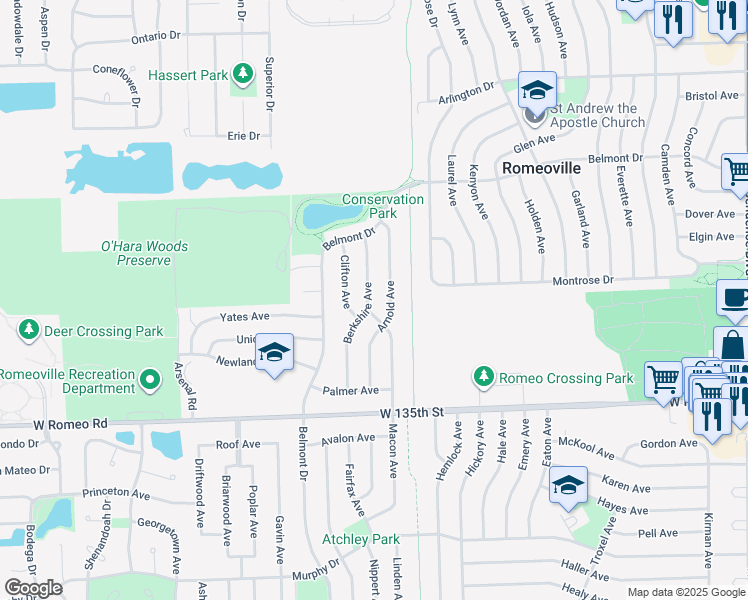 map of restaurants, bars, coffee shops, grocery stores, and more near 439 Berkshire Avenue in Romeoville