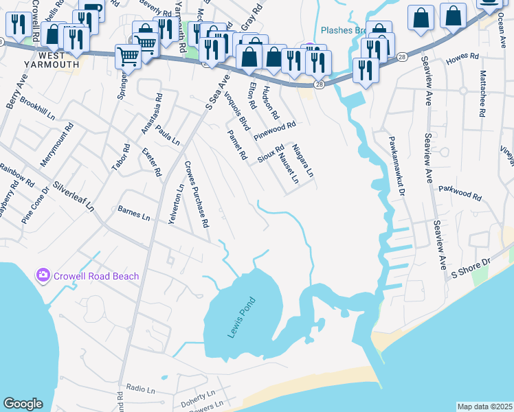 map of restaurants, bars, coffee shops, grocery stores, and more near 80 Mattakese Road in Yarmouth