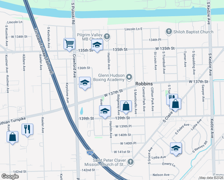 map of restaurants, bars, coffee shops, grocery stores, and more near in Robbins