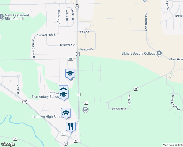 map of restaurants, bars, coffee shops, grocery stores, and more near 58660 Palace Lane in Elkhart