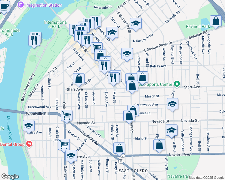 map of restaurants, bars, coffee shops, grocery stores, and more near 714 Main Street in Toledo