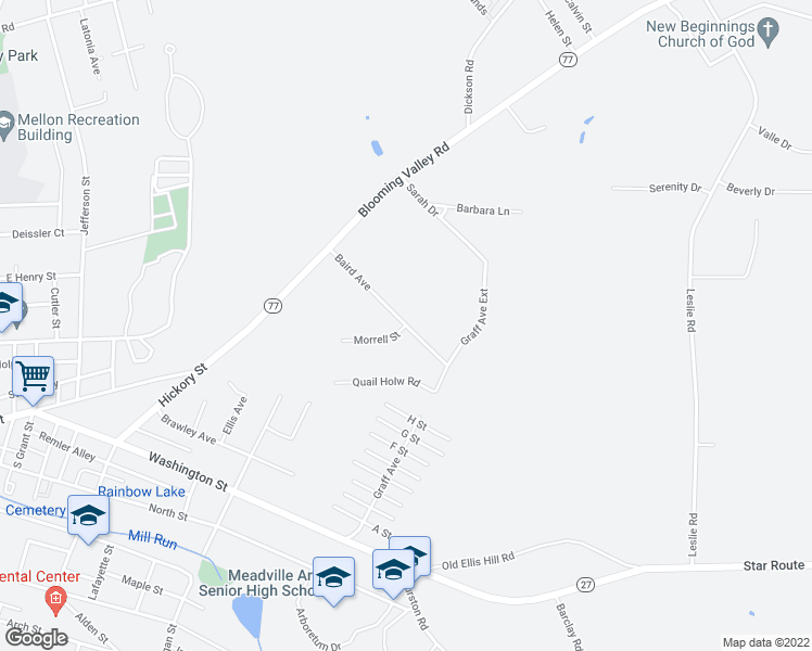 map of restaurants, bars, coffee shops, grocery stores, and more near 20674 Baird Avenue in Meadville