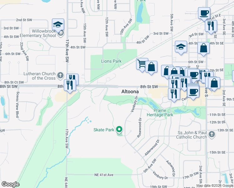 map of restaurants, bars, coffee shops, grocery stores, and more near 908 8th Street Southwest in Altoona
