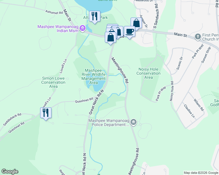 map of restaurants, bars, coffee shops, grocery stores, and more near 100 Great Neck Road North in Mashpee