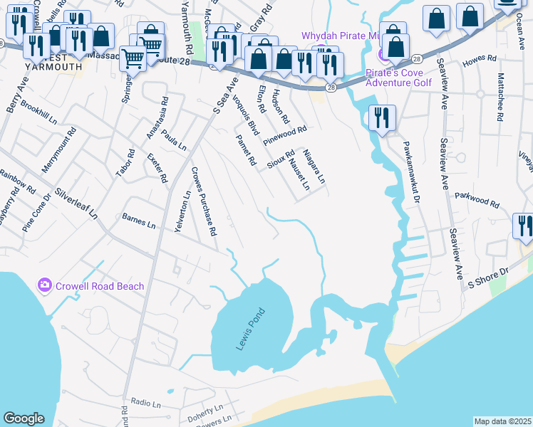 map of restaurants, bars, coffee shops, grocery stores, and more near 80 Mattakese Road in Yarmouth