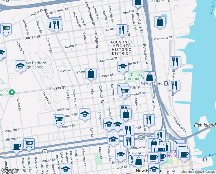 map of restaurants, bars, coffee shops, grocery stores, and more near 84 Willis Street in New Bedford